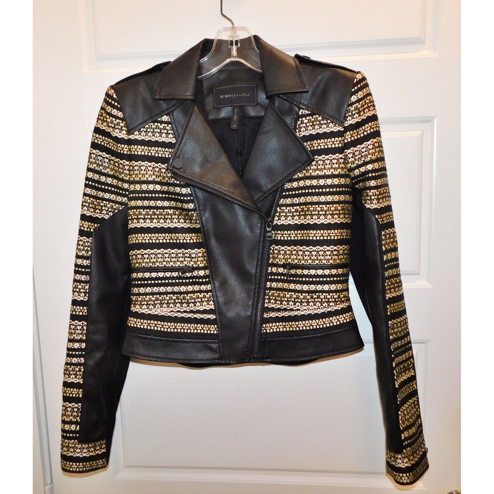 Bcbg Maxazria $398rt Leonardo Black Faux Leather Gold Embroidered Moto Jacket Xs